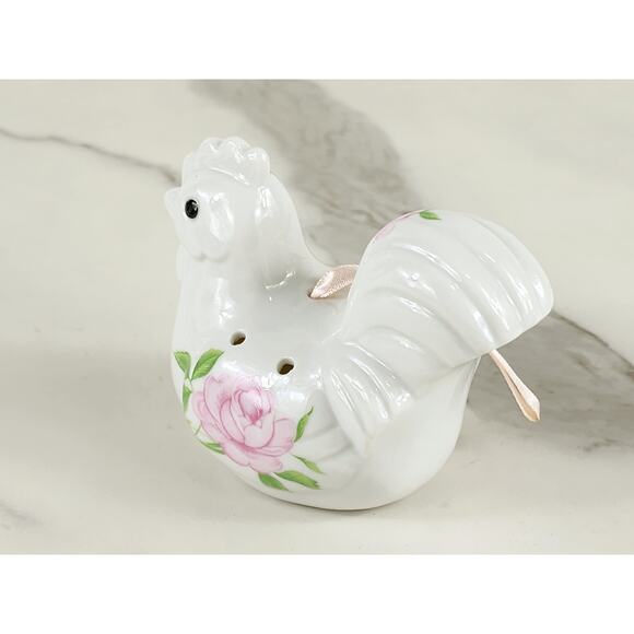 Rooster Chicken Potpourri Holder Hanging 4 1/4" Pink Rose Design 90s Porcelain - Picture 4 of 15